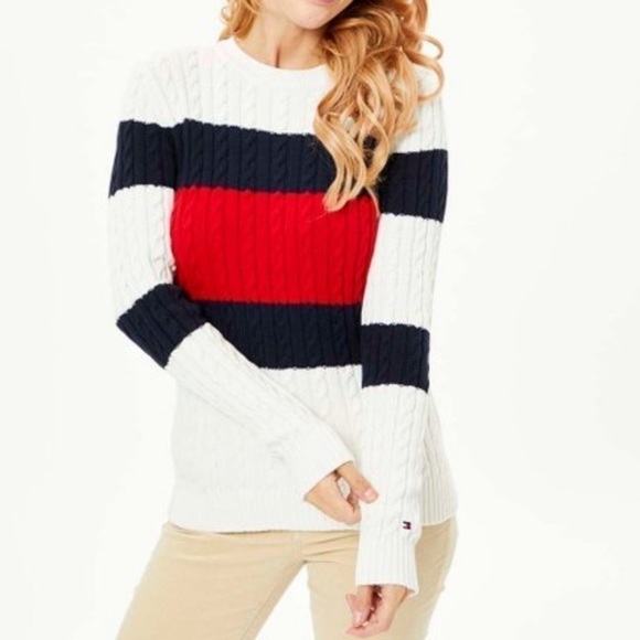 New TOMMY HILFIGER Cable Knit Crew Neck Sweater in White Red Navy Size Large - Picture 1 of 10